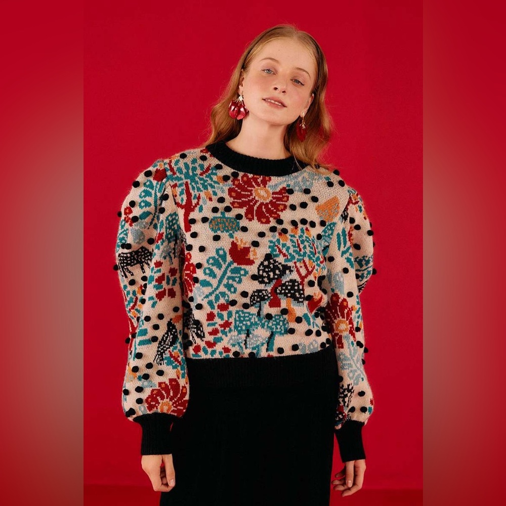 NWT Farm Rio Mushroom Forest Puff Sleeve Sweater Size XS